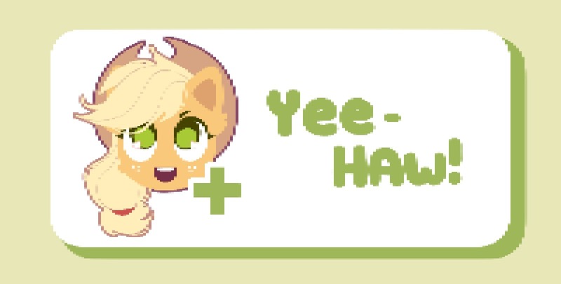 Size: 1600x810 | Tagged: safe, alternate version, artist:mirtash, derpibooru import, part of a set, applejack, earth pony, pony, g4, applejack's hat, blonde mane, button, cheek fluff, colored eyelashes, colored pinnae, cowboy hat, cream background, digital art, ear fluff, eyelashes, female, freckles, green eyelashes, green eyes, green text, hat, head only, image, jpeg, looking up, low quality, mare, miiverse, open mouth, open smile, orange coat, pixel art, plus sign, ponytail, reaction image, shadow, shiny eyes, simple background, smiling, solo, stetson, teeth, text, tied mane, yeah! (miiverse), yeehaw