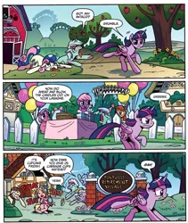 Size: 3884x4604 | Tagged: safe, artist:brendahickey, derpibooru import, idw, bon bon, lyra heartstrings, sweetie drops, twilight sparkle, twilight sparkle (alicorn), unnamed character, unnamed pony, alicorn, earth pony, pony, unicorn, g4, spoiler:comic, spoiler:comic63, antacid, apple, apple tree, birthday party, crying, fence, food, hard pill, horn, image, jpeg, lasagna, official comic, party, pasta, ponyville, running, sweet apple acres, tree, twilight sparkle is not amused, unamused