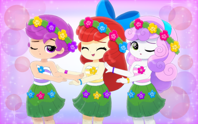 Size: 1920x1200 | Tagged: safe, artist:jessesharla1999, derpibooru import, apple bloom, scootaloo, sweetie belle, human, equestria girls, g4, clothes, cutie mark crusaders, female, floral head wreath, flower, grass skirt, hula, hula dance, image, one eye closed, png, skirt, trio, trio female, wink