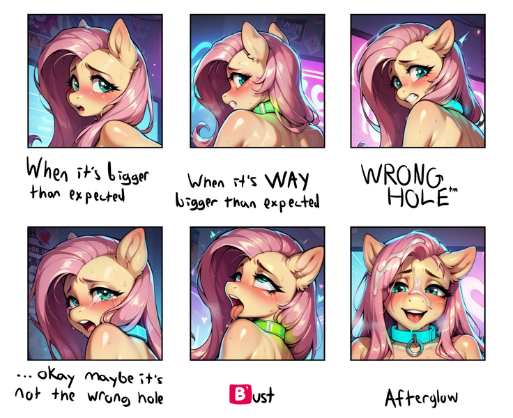 Size: 2384x1943 | Tagged: suggestive, ai content, derpibooru import, machine learning generated, prompter:lewdflutters, fluttershy, anthro, g4, ahegao, breasts, derpibooru exclusive, image, implied anal, implied sex, meme, offscreen sex, open mouth, orgasm, png, right hole, softcore, tongue out, wrong hole, 🅱