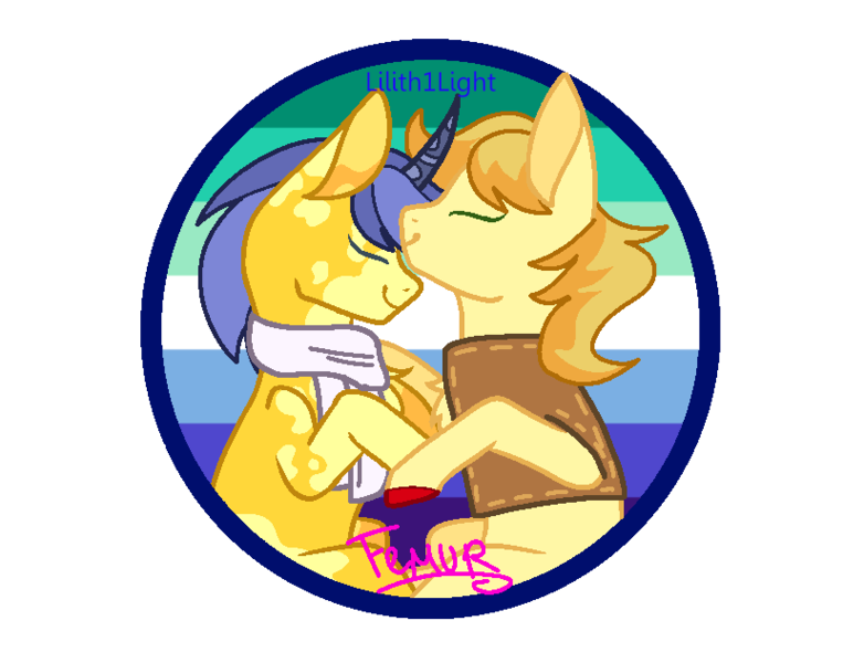 Size: 824x632 | Tagged: safe, artist:femurthechangeling, artist:lilith1light, derpibooru import, braeburn, comet tail, earth pony, pony, unicorn, g4, alternate design, base used, clothes, g5 horn, gay, gay pride flag, horn, image, male, png, pride, pride flag, redesign, scarf, ship:cometburn, shipping, signature, simple background, transparent background, vest, white scarf