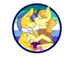 Size: 824x632 | Tagged: safe, artist:femurthechangeling, artist:lilith1light, derpibooru import, braeburn, comet tail, earth pony, pony, unicorn, g4, alternate design, base used, clothes, g5 horn, gay, gay pride flag, horn, image, male, png, pride, pride flag, redesign, scarf, ship:cometburn, shipping, signature, simple background, transparent background, vest, white scarf