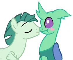 Size: 556x460 | Tagged: safe, artist:moonlightthegriffon, derpibooru import, ocarina green, soupling, changedling, changeling, pegasus, pony, g4, base used, blushing, boop, crack shipping, duo, duo male, friendship student, gay, image, interspecies, male, ms paint, noseboop, png, ship:ocarinasoup, shipping, simple background, stallion, white background