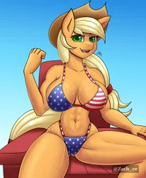 Size: 1400x1700 | Tagged: suggestive, artist:zachc, derpibooru import, applejack, anthro, earth pony, g4, american flag bikini, amerijack, applejack's hat, belly, belly button, big breasts, bikini, breasts, busty applejack, clothes, cowboy hat, female, gradient background, hat, image, looking at you, open mouth, open smile, png, sitting, smiling, solo, swimsuit