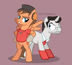 Size: 1393x1250 | Tagged: safe, artist:zeffdakilla, derpibooru import, ponified, pegasus, pony, unicorn, angry, bipedal, crossover, duo, duo male, horn, image, leaning, leaning on someone, male, medic (tf2), png, scout (tf2), smiling, smug, stallion, team fortress 2