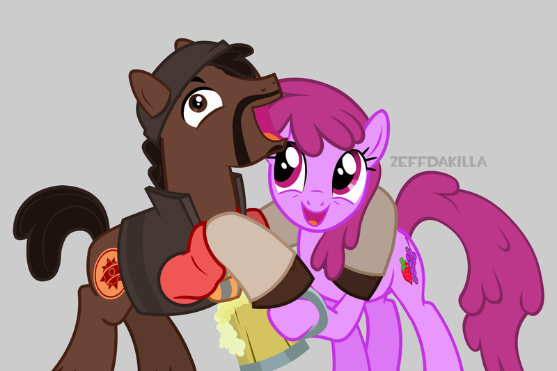 Size: 1875x1250 | Tagged: safe, artist:zeffdakilla, derpibooru import, berry punch, berryshine, ponified, earth pony, pony, g4, arm around back, cider, demoman, drunk, duo, duo male and female, female, gray background, happy, image, laughing, male, mare, png, raised hoof, simple background, smiling, stallion, team fortress 2