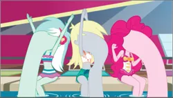 Size: 923x525 | Tagged: safe, derpibooru import, edit, edited screencap, screencap, derpy hooves, lyra heartstrings, pinkie pie, equestria girls, g4, i'm on a yacht, spoiler:eqg series (season 2), clothes, faceless female, female, image, my little pony equestria girls: better together, not salmon, object head, offscreen character, png, surreal, swimming pool, swimsuit, trio, trio female, two-piece swimsuit, wat