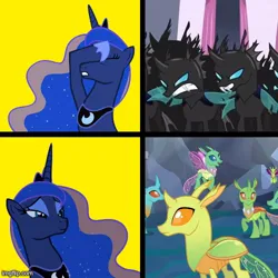 Size: 500x500 | Tagged: safe, derpibooru import, edit, edited screencap, editor:railpony, screencap, arista, clypeus, cornicle, princess luna, alicorn, changedling, changeling, pony, a canterlot wedding, g4, season 2, season 6, to where and back again, canterlot, changeling hive, clothes, eyeshadow, frenulum (g4), hotline bling, image, imgflip, jewelry, jpeg, lokiax, makeup, meme, peytral, ponified meme, shoes, tiara