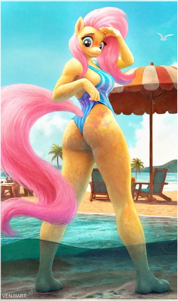 Size: 1133x1920 | Tagged: suggestive, artist:venjiiart, derpibooru import, fluttershy, anthro, plantigrade anthro, g4, beach, beach chair, beach umbrella, beautiful, beautisexy, blushing, breasts, busty fluttershy, butt, chair, clothes, female, fluffy, flutterbutt, hoof feet, image, implied tail hole, jpeg, looking at you, looking back, looking back at you, one-piece swimsuit, sexy, solo, solo female, stupid sexy fluttershy, swimsuit, tail, umbrella, water, wingless, wingless anthro