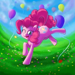 Size: 2550x2550 | Tagged: safe, artist:kcday, derpibooru import, pinkie pie, earth pony, pony, g4, backbend, balloon, female, field, flower, grass, high res, image, jpeg, looking at you, mare, one eye closed, open mouth, open smile, outdoors, sky, smiling, smiling at you, solo, tail, wink, winking at you