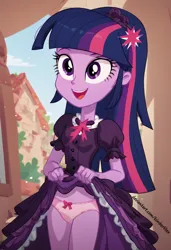 Size: 832x1216 | Tagged: suggestive, ai content, derpibooru import, machine learning generated, prompter:kimberlite, stable diffusion, twilight sparkle, human, equestria girls, g4, 19th century, bow, breasts, clothes, cutie mark, cutie mark on clothes, female, generator:pony diffusion v6 xl, image, legs together, lifting, looking at you, noble, panties, panty shot, pink panties, pink underwear, png, red bow, shirt, shirt lift, skirt, skirt lift, solo, solo female, underwear