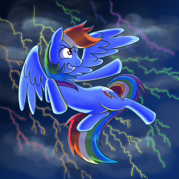 Size: 2550x2550 | Tagged: safe, artist:kcday, derpibooru import, rainbow dash, pegasus, pony, g4, cloud, female, flying, grin, high res, image, jpeg, lightning, mare, outdoors, sky, smiling, solo, spread wings, storm, stormcloud, tail, wings