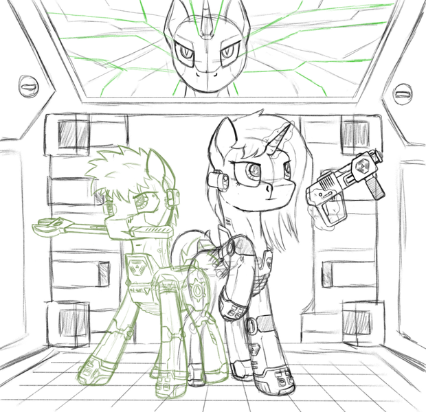 Size: 2480x2400 | Tagged: safe, artist:zocidem, derpibooru import, oc, oc:delly, oc:wrench, unofficial characters only, earth pony, pony, unicorn, armor, augmented, door, horn, image, magic, png, shodan, sketch, system shock, telekinesis, video game, weapon, wrench