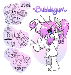 Size: 3879x4096 | Tagged: safe, artist:opalacorn, derpibooru import, oc, oc:bubblegum, unofficial characters only, bird, pony, unicorn, birdcage, cage, commission, female, hoof fluff, horn, image, jpeg, long feather, looking at you, mare, one eye closed, simple background, smiling, smiling at you, solo, white background, wink, winking at you