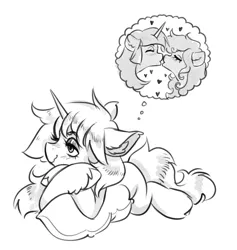 Size: 2655x2799 | Tagged: safe, artist:opalacorn, derpibooru import, oc, unofficial characters only, earth pony, pony, unicorn, black and white, crossed hooves, daydream, female, grayscale, heart, horn, image, jpeg, kiss on the lips, kissing, lesbian, lying down, monochrome, prone, simple background, solo, thought bubble, unshorn fetlocks, white background