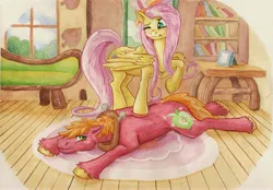 Size: 6897x4789 | Tagged: safe, artist:the-wizard-of-art, derpibooru import, big macintosh, fluttershy, earth pony, pegasus, pony, g4, absurd resolution, big macintosh's yoke, book, bookshelf, duo, duo male and female, female, horse collar, image, indoors, jpeg, lying down, male, mare, massage, one eye closed, prone, raised hoof, sploot, stallion, tail, traditional art, unshorn fetlocks, watercolor painting, window, wings, yoke