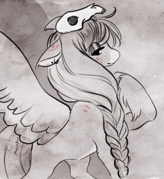 Size: 3445x3764 | Tagged: safe, artist:opalacorn, derpibooru import, oc, oc:ondrea, unofficial characters only, pegasus, pony, abstract background, female, floppy ears, grayscale, image, jpeg, lidded eyes, looking at you, mare, monochrome, skull, solo, spread wings, wings