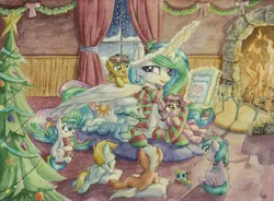 Size: 6831x5020 | Tagged: safe, artist:the-wizard-of-art, derpibooru import, princess celestia, oc, alicorn, earth pony, pegasus, pony, unicorn, g4, :3, a christmas carol, absurd resolution, book, christmas, christmas tree, clothes, colt, cottagecore, cuddling, curtains, cute, cutelestia, daaaaaaaaaaaw, earth pony oc, eyes closed, female, filly, fireplace, floppy ears, foal, folded wings, glow, glowing horn, hat, heart, hearth's warming, heartwarming, holiday, holly, horn, hug, image, indoors, jpeg, levitation, lidded eyes, lying down, magic, magic aura, male, mare, missing accessory, momlestia, ocbetes, on top, open mouth, open smile, orphanage, partially open wings, pegasus oc, pillow, plushie, prone, santa hat, scarf, side, signature, sitting, smiling, snow, snowfall, socks, sploot, striped scarf, striped socks, sweet dreams fuel, teddy bear, telekinesis, traditional art, tree, underhoof, unicorn oc, watercolor painting, window, wing fluff, wings, winter