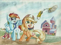 Size: 6814x5003 | Tagged: safe, artist:the-wizard-of-art, derpibooru import, applejack, rainbow dash, earth pony, pegasus, pony, g4, absurd resolution, applejack's hat, barn, clothes, converse, cowboy hat, duo, duo female, female, freckles, hat, image, jpeg, looking at something, mare, open mouth, open smile, outdoors, raised hoof, shoes, smiling, spread wings, sweet apple acres barn, tail, traditional art, watercolor painting, wings