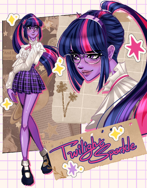 Size: 1172x1500 | Tagged: safe, artist:callimara, derpibooru import, sci-twi, twilight sparkle, equestria girls, g4, blouse, clothes, collage, glasses, image, jpeg, ponytail, skirt, solo