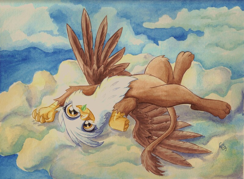 Size: 6847x5015 | Tagged: safe, artist:the-wizard-of-art, derpibooru import, gilda, gryphon, g4, absurd resolution, behaving like a cat, catbird, catnip, cloud, cloudy, cute, female, gilda is amused, gildadorable, griffons doing cat things, image, jpeg, lying down, lying on a cloud, on a cloud, on back, outdoors, sky, solo, traditional art, watercolor painting