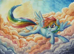 Size: 6822x5010 | Tagged: safe, artist:the-wizard-of-art, derpibooru import, rainbow dash, pegasus, pony, g4, absurd resolution, cloud, cloudy, female, flying, image, jpeg, looking back, mare, open mouth, open smile, sky, smiling, solo, spread wings, tail, traditional art, watercolor painting, wings