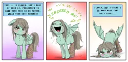 Size: 2700x1315 | Tagged: suggestive, artist:chopsticks, derpibooru import, oc, oc:flower popen, unofficial characters only, bat pony, pony, robot, 3 panel comic, asking for it, blushing, butt shake, cheek fluff, chest fluff, clothes, colored sketch, comic, cute, cute little fangs, dialogue, ear fluff, eeee, eye clipping through hair, face down ass up, fangs, female, gradient background, image, implied sex, looking at you, looking up, looking up at you, ocbetes, offscreen character, open mouth, png, silly, silly pony, sketch, smiling, smiling at you, socks, solo, solo female, spread wings, striped socks, talking to viewer, text, unshorn fetlocks, wings, yelling