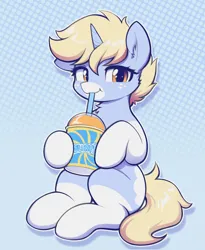 Size: 2989x3648 | Tagged: safe, artist:moozua, derpibooru import, oc, oc:nootaz, unofficial characters only, pony, unicorn, abstract background, artfight, blonde mane, blonde tail, blue coat, border, chest fluff, coat markings, drink, drinking, drinking straw, ear fluff, eyelashes, facial markings, female, full body, gift art, gradient background, gray coat, high res, horn, image, jpeg, lidded eyes, looking at you, mare, mare oc, mealy mouth (coat marking), one ear down, orange eyes, outline, patterned background, polka dot background, shadow, sipping, sitting, slurpee, slushie, smiling, smiling at you, socks (coat marking), solo, sparkly eyes, straw, tail, unicorn horn, unicorn oc, wingding eyes