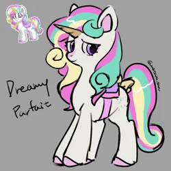 Size: 4096x4096 | Tagged: safe, artist:metaruscarlet, derpibooru import, oc, oc:dreamy parfait, unofficial characters only, pony, unicorn, pony town, bag, bow, coat markings, colored hooves, colored horn, colored pinnae, english, eyelashes, facial markings, gray background, hooves, horn, image, lidded eyes, looking at you, looking back, multicolored mane, multicolored tail, pink hooves, png, purple eyes, reference used, ribbon, saddle, shiny hooves, signature, simple background, smiling, snip (coat marking), standing, tack, tail, tail bow, text, three toned mane, three toned tail, unicorn horn, unicorn oc, wavy mane, white coat, yellow bow