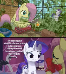 Size: 2670x2952 | Tagged: safe, artist:ciborgen, derpibooru import, fluttershy, rarity, beaver, pegasus, pony, unicorn, g4, 2 panel comic, carousel boutique, carrot, clothes, comic, crocs, crying, dialogue, duo, duo female, female, food, high res, horn, image, knife, lightning mcqueen, mare, png, shoes, wing hands, wing hold, wings