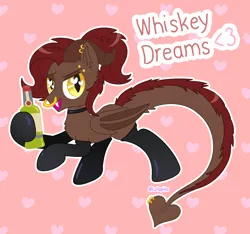 Size: 1432x1341 | Tagged: safe, artist:lullapiies, derpibooru import, oc, oc:whiskey dreams, unofficial characters only, dracony, dragon, hybrid, pony, alcohol, bottle, brown coat, cheek fluff, chest fluff, choker, clothes, colored horns, colored wings, drink, ear fluff, ear piercing, earring, eyebrow piercing, fangs, folded wings, freckles, head fluff, heart, heart background, heart eyes, hoof hold, horns, image, jewelry, latex, latex socks, long tail, looking at you, narrowed eyes, nose piercing, nose ring, open mouth, open smile, outline, piercing, png, ponytail, raised hoof, raised hooves, red mane, red tail, septum piercing, shiny mane, signature, slit pupils, smiling, smiling at you, socks, solo, standing on two hooves, tail, tail fluff, tail piercing, tied mane, two toned background, two toned tail, two toned wings, wingding eyes, wings, yellow eyes