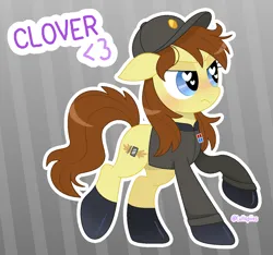 Size: 1230x1149 | Tagged: safe, artist:lullapiies, derpibooru import, oc, oc:clover springs, unofficial characters only, earth pony, pony, blue eyes, blush lines, blushing, brown mane, brown tail, cap, clothes, colored eyebrows, cream coat, female, frown, gift art, glowing blush, hat, heart, heart eyes, image, jacket, long mane, long tail, mare, narrowed eyes, outline, pin, png, purple text, raised hoof, raised leg, shiny mane, shiny tail, signature, solo, standing on two hooves, striped background, tail, text, wingding eyes