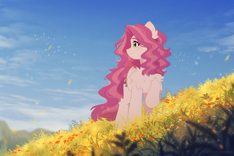 Size: 3000x2000 | Tagged: safe, artist:floweryoutoday, derpibooru import, oc, oc:lullapie, unofficial characters only, pegasus, pony, chest fluff, colored eyebrows, commission, day, detailed, detailed background, ear fluff, female, flower, folded wings, grass, green eyes, high res, hill, hock fluff, image, jpeg, leg fluff, long mane, long tail, mare, mare oc, mountain, mountain range, nature, not pinkie pie, outdoors, pegasus oc, pink coat, pink mane, pink tail, profile, raised hoof, scenery, scenery porn, smiling, solo, tail, two toned mane, two toned tail, watermark, wavy mane, wavy tail, wings, ych result