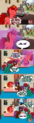 Size: 827x2935 | Tagged: safe, artist:jasperpie, derpibooru import, big macintosh, oc, oc:casper cake, oc:eliyora, oc:harmony dancer, oc:jasper pie, pony, unicorn, g4, going to seed, cute, fez, furry reminder, hat, horn, image, macabetes, magic, magic aura, max (sam and max), ocbetes, png, sam and max, sleeping