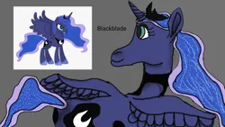 Size: 1280x720 | Tagged: safe, artist:blackblade360, derpibooru import, princess luna, alicorn, pony, g4, armor, blue eyes, crown, flowing mane, flowing tail, flying, gray background, horn, ibispaint x, image, jewelry, png, reference, regalia, shading, simple background, smiling, solo, spread wings, tail, wings