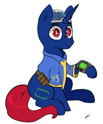 Size: 1500x1800 | Tagged: safe, artist:lebatoman, derpibooru import, oc, oc:bit shift, unofficial characters only, pony, unicorn, fallout equestria, blue coat, brain, clothes, horn, image, jumpsuit, looking at camera, looking at you, male, organs, pipbuck, png, red eyes, red tail, simple background, solo, tail, vault suit, white background