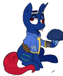 Size: 1500x1800 | Tagged: safe, alternate version, artist:lebatoman, derpibooru import, oc, oc:bit shift, unofficial characters only, pony, unicorn, fallout equestria, blue coat, brain, brainless, clothes, derp, horn, image, jumpsuit, male, organs, pipbuck, png, red eyes, red tail, simple background, solo, tail, vault suit, white background