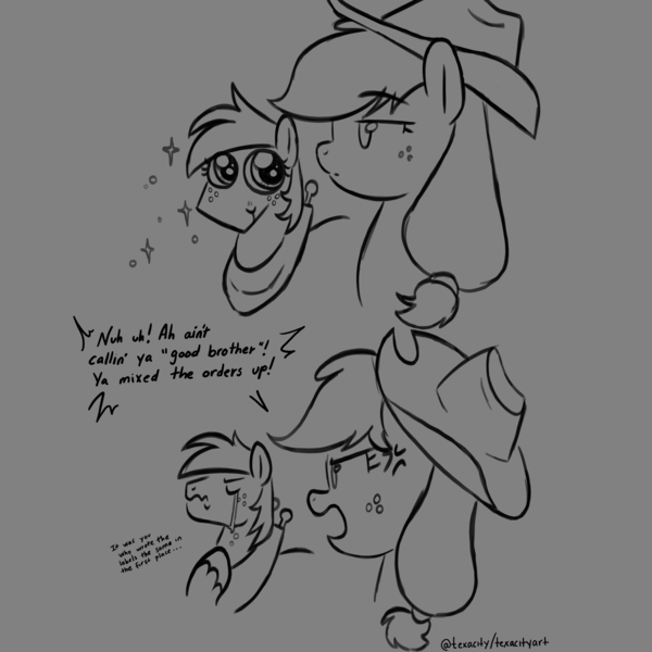 Size: 3000x3000 | Tagged: safe, artist:texacity, derpibooru import, applejack, big macintosh, earth pony, pony, g4, the last problem, applejack's hat, big eyes, brother and sister, bust, cowboy hat, cross-popping veins, crying, cute, dialogue, duo, duo male and female, emanata, eyelashes, female, gray background, grayscale, hat, high res, i'm not calling you good boy, image, macabetes, male, mare, meme, monochrome, png, ponified meme, siblings, simple background, sparkles, stallion, wavy mouth