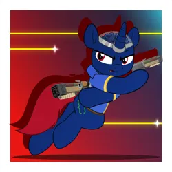 Size: 5000x5000 | Tagged: safe, artist:jhayarr23, derpibooru import, oc, oc:bit shift, unofficial characters only, pony, unicorn, fallout equestria, action, action pose, blue coat, brain, clothes, gradient background, horn, image, jumpsuit, laser, laser pistol, male, organs, passepartout, png, red eyes, red tail, solo, tail, vault suit