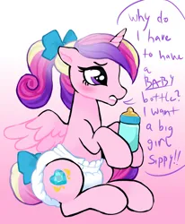 Size: 1742x2115 | Tagged: suggestive, artist:onc3l3rphobix, derpibooru import, princess cadance, pony, g4, baby bottle, bow, dialogue, diaper, diaper fetish, female, fetish, gradient background, hair bow, image, png, solo, spread wings, wings