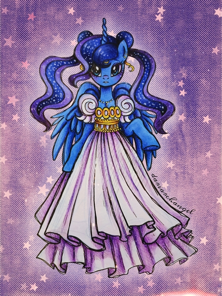 Size: 2250x3000 | Tagged: safe, artist:dariarchangel, derpibooru import, princess luna, alicorn, pony, semi-anthro, g4, bipedal, blue coat, blue eyes, clothes, crescent moon, crossover, cute, dress, ear piercing, earring, ethereal hair, ethereal mane, female, image, jewelry, jpeg, looking at you, lunabetes, mare, moon, necklace, odango, piercing, princess serenity, purple background, sailor luna, sailor moon, sailor moon (series), simple background, solo, starry mane, stars, wavy mane, white dress