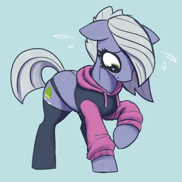 Size: 3000x3000 | Tagged: safe, artist:t72b, derpibooru import, limestone pie, earth pony, pony, g4, blue background, blushing, clothes, cropped hoodie, cyan background, embarrassed, female, hoodie, image, looking down, mare, paggi outfit, panties, png, raised hoof, raised tail, simple background, socks, solo, sweat, sweatdrops, tail, thigh highs, underwear