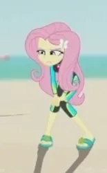 Size: 250x403 | Tagged: safe, derpibooru import, screencap, fluttershy, human, aww... baby turtles, equestria girls, equestria girls series, g4, beach, clothes, cropped, female, fluttershy's wetsuit, image, my little pony equestria girls: better together, png, sandals, solo, swimsuit, wetsuit