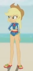 Size: 280x608 | Tagged: safe, derpibooru import, screencap, applejack, human, aww... baby turtles, equestria girls, equestria girls series, g4, applejack's beach shorts swimsuit, applejack's hat, beach, cowboy hat, cropped, female, hat, image, my little pony equestria girls: better together, png, sandals, solo