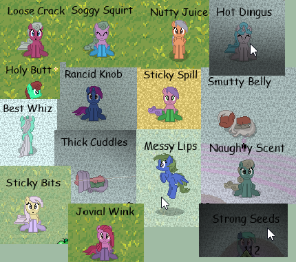 Size: 430x381 | Tagged: artist needed, suggestive, derpibooru import, edit, edited screencap, screencap, oc, unofficial characters only, earth pony, pegasus, pony, unicorn, g4, challenge, clothes, collage, cursor, description is relevant, drawthread, earth pony oc, female, horn, image, mare, marequest, name, names, pegasus oc, png, socks, unicorn oc, vulgar, wings