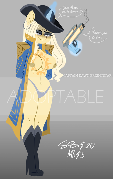 Size: 4500x7113 | Tagged: questionable, artist:bearmation, derpibooru import, oc, oc:captain dawn brightstar, unofficial characters only, anthro, plantigrade anthro, pony, absurd resolution, bedroom eyes, belly, belly button, big breasts, boots, breasts, clothes, coat, ear piercing, earring, exposed breasts, female, glow, glowing horn, gradient background, gray background, gun, handgun, high heel boots, hooped earrings, horn, image, imminent sex, jewelry, laser pistol, levitation, looking at you, magic, mare, multiple horns, nipples, nudity, obtrusive watermark, panties, partial nudity, piercing, pistol, png, shoes, simple background, smiling, smiling at you, smirk, smoke, solo, solo female, talking to viewer, telekinesis, tricorn, underwear, watermark, weapon