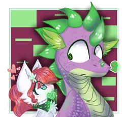 Size: 948x872 | Tagged: safe, artist:jaegerinune, derpibooru import, spike, oc, oc:abilene rouge, dragon, pony, unicorn, g4, abstract background, adult, adult spike, awkward, bandana, blush lines, blushing, bust, checkered background, crush, duo, duo male and female, emerald, eye clipping through hair, female, filly, floating heart, flower, flower in hair, foal, gem, heart, heart shaped, horn, image, looking at each other, looking at someone, male, mouth hold, offspring, older, older spike, parent:big macintosh, parent:rarity, parents:rarimac, png, question mark, simple background, transparent background, uncle and niece