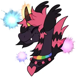 Size: 1068x1074 | Tagged: safe, artist:catastrophyte, derpibooru import, oc, unofficial characters only, pony, unicorn, bust, collar, coontails, eyes closed, fangs, horn, image, jpeg, pink mane, portrait, purple coat, scene kid, side view, simple background, smiling, solo, two toned mane, white background