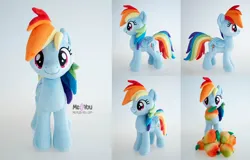 Size: 2000x1278 | Tagged: safe, artist:meplushyou, derpibooru import, rainbow dash, pegasus, pony, g4, folded wings, food, image, irl, jpeg, mango, multiple views, photo, plushie, simple background, solo, wings