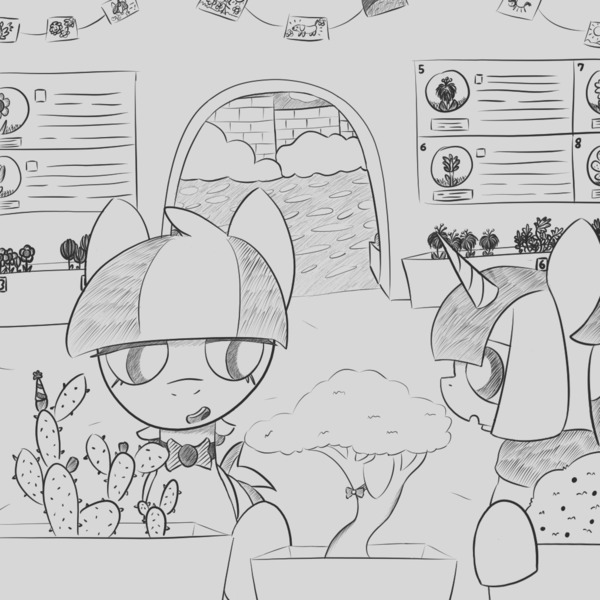 Size: 1020x1020 | Tagged: safe, artist:castafae, derpibooru import, oc, oc:reign, oc:rush, unofficial characters only, pegasus, pony, robot, robot pony, unicorn, bonsai, botanical garden, bowtie, cactus, duo, duo female, female, flower, garden, grayscale, horn, image, lidded eyes, mare, monochrome, png, siblings, sisters